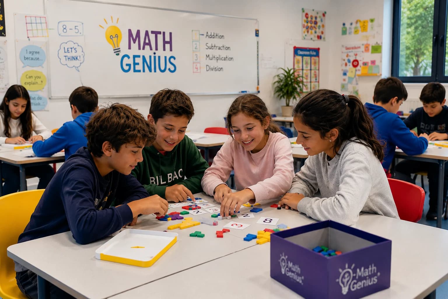 Niños jugando un reto de matemáticas en inglés en Math Genius