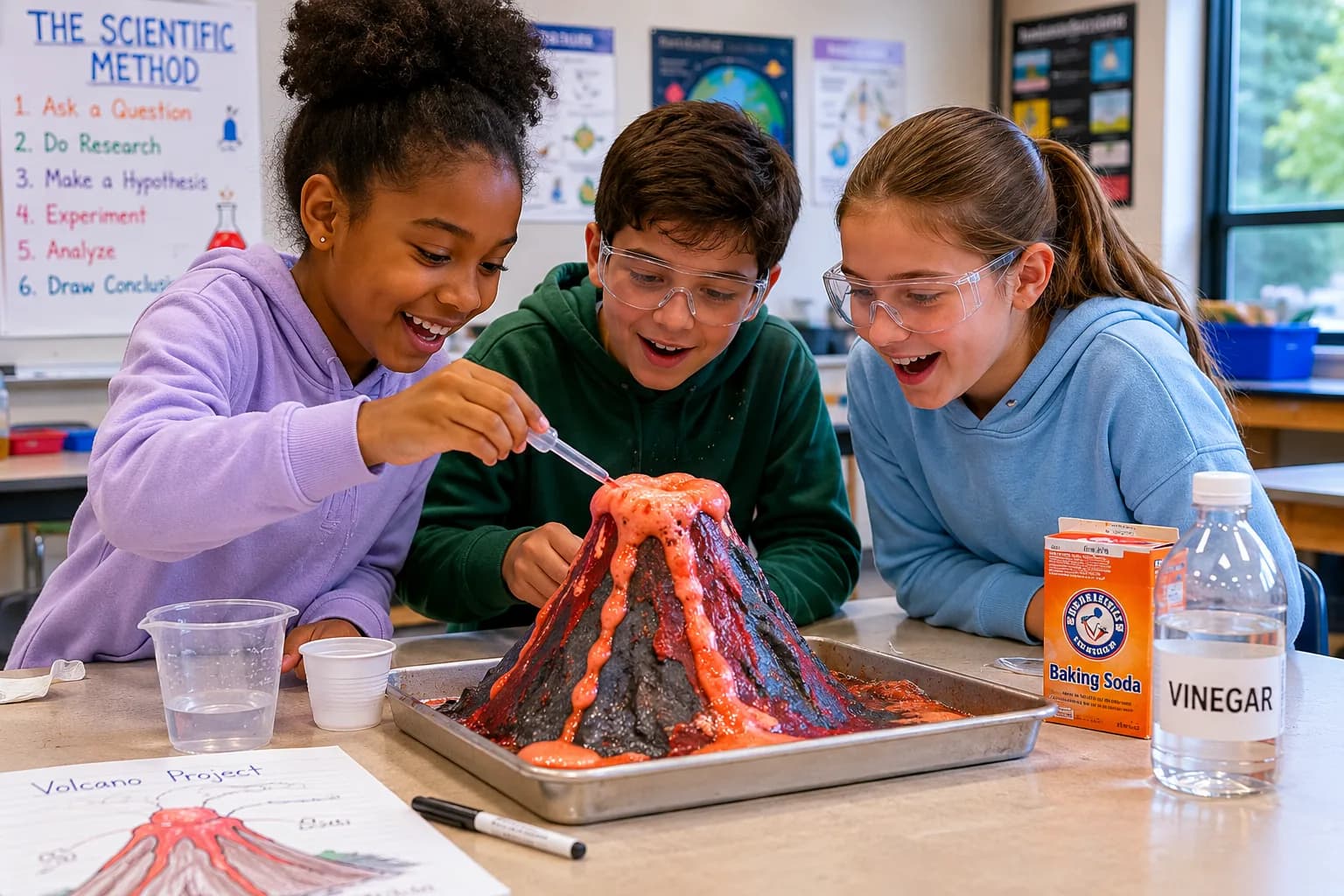 Niños haciendo un experimento de volcán en Science Play Date