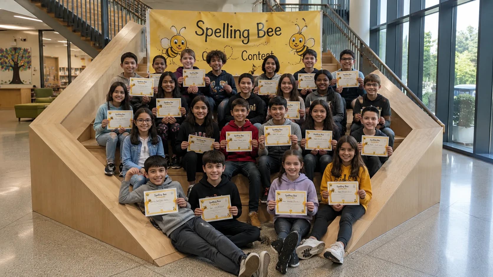 Niños mostrando sus certificados en una competencia de Spelling Bee