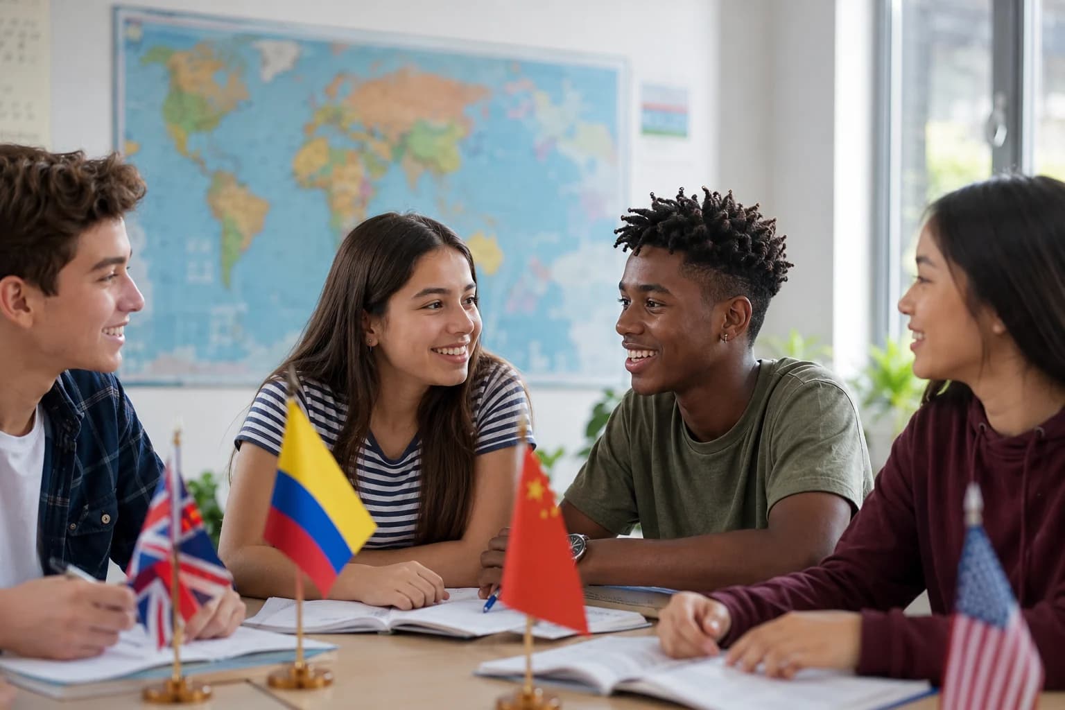 Jóvenes conversando en inglés alrededor de una mesa con banderas de varios países
